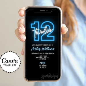 Neon Blau 12. Geburtstagseinladung, bearbeitbare Canva Vorlage, Junge Mädchen Geburtstag einladen, Text Party einladen, Blau Schwarz Geburtstag Evite