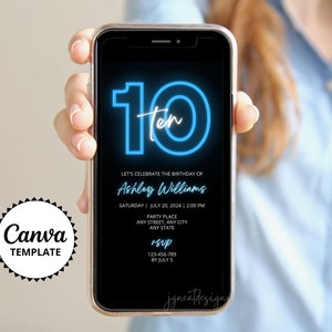 Geburtstagseinladung in Neonblau: Bearbeitbare Textparty-Vorlage (Canva)