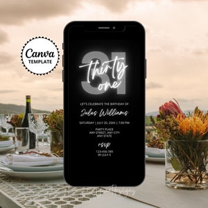 Invito per il 31° compleanno, modello Canva grigio e nero, invito digitale per festa di compleanno per adulti