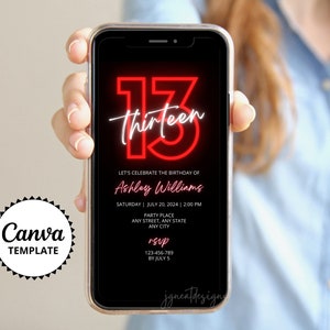 Rode en zwarte neon digitale verjaardagsuitnodiging, elektronische uitnodiging 13e verjaardag, tiener verjaardagsfeestje, verjaardag Canva-sjabloon elke leeftijd