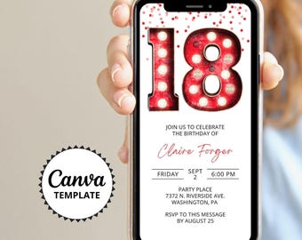 18e verjaardagsuitnodiging, rode confetti dineruitnodiging, digitale download Canva-sjabloon