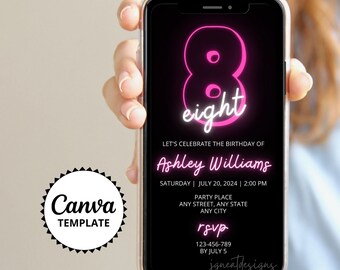 8th Birthday Invitation, Neon Pink and Black Digital Invitation, Editable Canva Template, Kids Text Party Invite