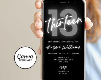 13th Birthday Birthday Invitation, Gray Black Phone Evite, Thirteenth Birthday Party, DIY Canva Template