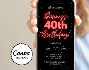Invitación para fiesta de 40 cumpleaños en rojo neón / Cena digital con temática de neón rojo y negro / Plantilla editable de Canva