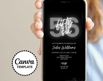 Grijze 56e verjaardagsuitnodiging, neon zwart wit feestuitnodiging, bewerkbare canvassjabloon, DIY verjaardagsdiner Evite