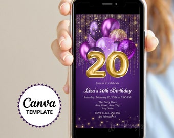 20th Birthday Invitation for Phone, Purple Birthday Invite, Purple Gold Canva Template, Violet and Gold Evite, Twentieth Birthday