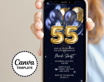 55e verjaardagsuitnodiging | Gouden en blauwe ballonnen | Sms-uitnodiging | Canvassjabloon