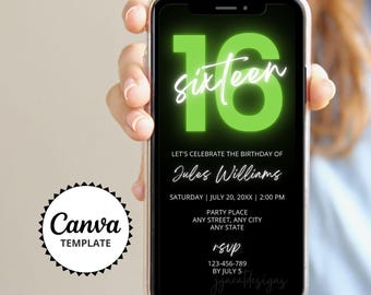 16th Neon Green Birthday Digital Invitation, Teen Birthday Text Invite, Any Age Birthday Editable Canva Template