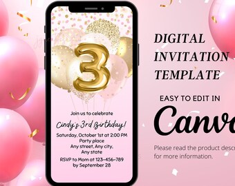 3rd Birthday Digital Invitation, Third Birthday Invite, Blush Pink Evite, Gold Glitter Birthday Party, Pink Confetti Canva Template
