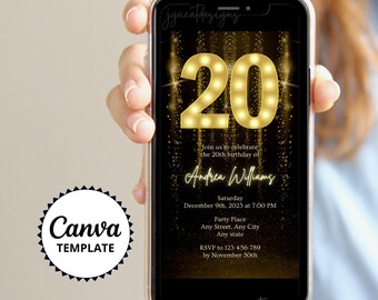 Digital 20th Birthday Invitation, Black and Gold Invitation, DIY Invitation, Editable Canva Template, Phone Birthday Invitation