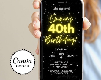 Neon 40th Birthday Party Invitation | Gold Yellow Dinner Celebration for her Birthday | Editable Canva Template