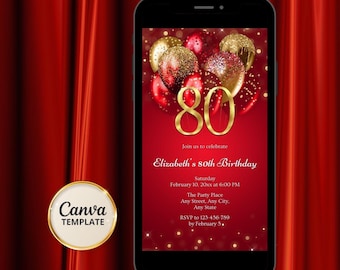80th Birthday Invitation Red Gold, Editable Canva Template, Digital Invite for Eightieth Celebration