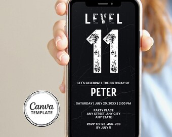 11th Birthday Invitation, Grunge Style, Gamer Theme, Canva Template (Digital Download)
