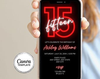 15e verjaardagsuitnodiging rood neon: telefoonsjabloon tienerfeest (bewerkbaar op canvas)