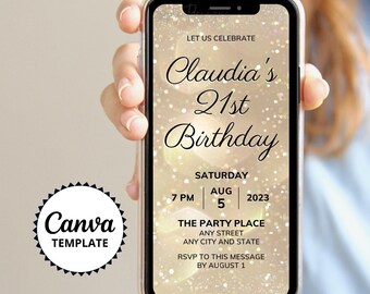 Champagne Gold Birthday Invitation: Elegant Evite Canva Template