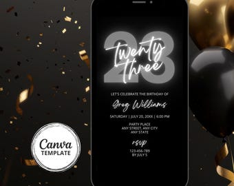 23rd Birthday Dinner Invite for Phone, Digital Gray Black White Invitation, Adult Party Neon Grey Birthday Evite, Any Age Canva Template