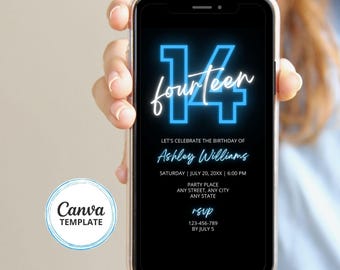 14e verjaardagsuitnodiging, neonblauw en zwart verjaardagsfeestje, bewerkbare canvassjabloon