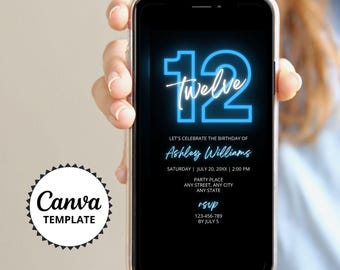 Invito per il 12° compleanno blu neon: invito per festa modificabile (modello Canva)