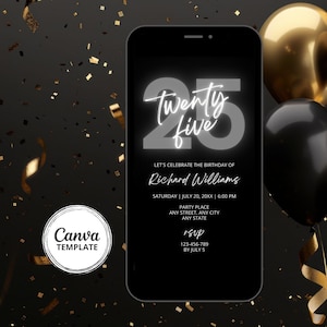 25th Birthday Invite, Gray and Black Editable Digital Invitation, DIY Canva Template image 1