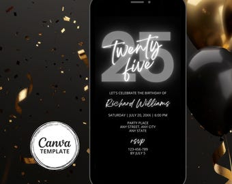 25th Birthday Invite, Gray and Black Editable Digital Invitation, DIY Canva Template