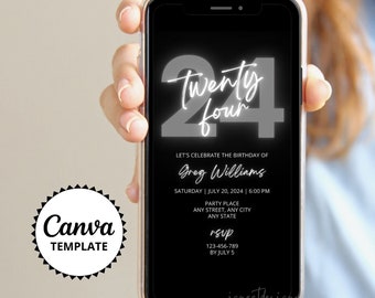 24e verjaardagsuitnodiging, grijs zwarte dineruitnodiging, DIY canva-sjabloon (digitale download)