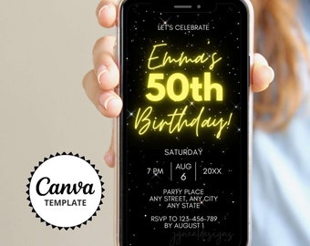 50th Birthday Party Invitation for Women | Neon Gold Yellow Dinner Celebration for Her Birthday | Editable Canva Template