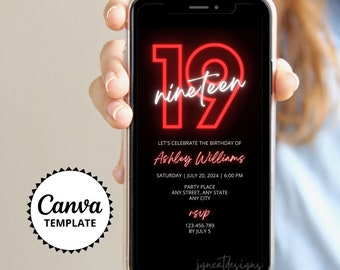 Invitación de cumpleaños número 19, fiesta juvenil en rojo y negro, plantilla editable de Canva (digital)