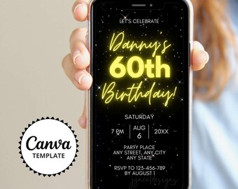 60th Birthday Invitation | Neon Gold Digital Dinner Party (Canva Template)