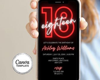 Rode 18e verjaardag digitale uitnodiging, tiener verjaardagsfeestje zoon dochter uitnodigen, rode neon en zwarte telefoonuitnodiging, bewerkbare canvassjabloon