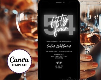 54e verjaardagsuitnodiging, grijs zwarte uitnodiging voor feest, bewerkbare canvassjabloon, DIY-verjaardagsdiner Evite