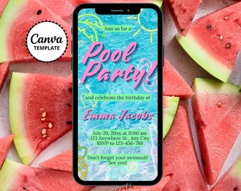 Pink Green Summer Pool Party Birthday Invitation, Digital Neon Swim Party Text Invite, Hello Summer Celebration, Editable Canva Template