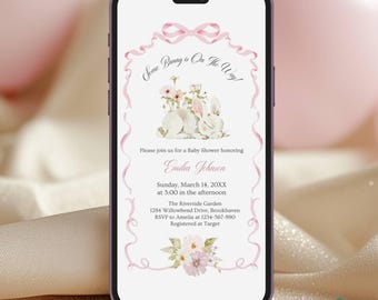 Er is een konijntje onderweg Digitale uitnodiging babyshower | Bewerkbare canvassjabloon | Roze en groene feestuitnodiging |  bssb