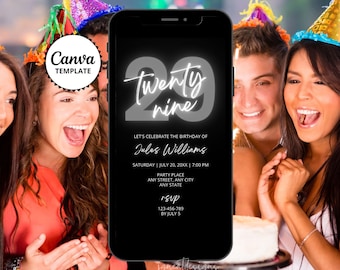 29th Birthday Invitation, Gray Black Party Invite, Simple Canva Template