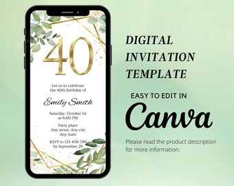 40th Birthday Invitation: Greenery Gold, Editable Text (Digital Download)