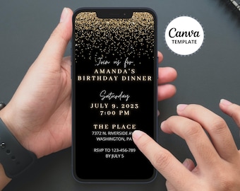 40th Birthday Dinner Invitation, Digital Black and Gold Birthday Party Invitation, DIY Canva Template, Phone Text Email Friends Invite