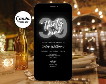 39e zwart grijze verjaardagsuitnodiging, dinerfeest digitale uitnodiging voor mannen, bewerkbare canvassjabloon