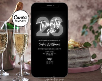 26th Birthday Invitation, Gray Black Neon Text, DIY Canva Template