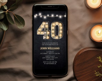 40th Birthday Invitation: Marquee Lights, Elegant Design (Digital Template)