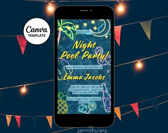 Night Swim Summer Birthday Invitation, Evening Adult Pool Party Digital Neon Text Invite, Editable Canva Template