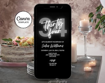 34e verjaardagsuitnodiging, grijszwart ontwerp, bewerkbare canvassjabloon (digitaal)