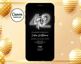42nd Birthday Invitation: Gray & Black Canva Template (Digital)