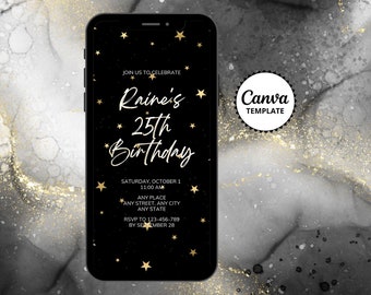 25th Birthday Dinner Invitation, Stars Birthday Invite, Black Birthday Invitation Editable Template, Simple Birthday Party Evite