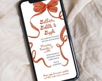 Thanksgiving Phone Invitation, Red Ribbon Design, Whimsical Fall Party Digital Template, Editable Canva Template