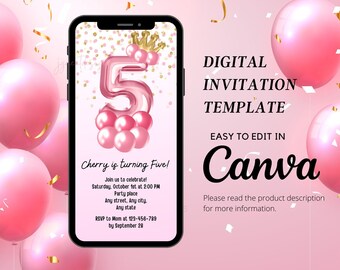 Pink Princess 5th Birthday Invitation: Canva Template (Digital)