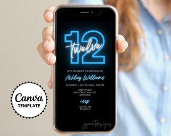 Neon Blue 12th Birthday Invitation: Editable Party Evite (Canva Template)