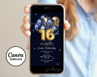 16th Birthday Digital Invitation, Blue Gold Birthday Invite, Sixteenth Birthday Evite, Editable Canva Template