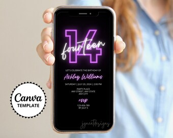 Plantilla de Canva para invitación de cumpleaños en morado neón de Evite: invitación para fiesta de adolescentes (digital)