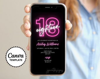 Neonoworóżowe zaproszenie na 18. urodziny: edytowalny szablon Canva