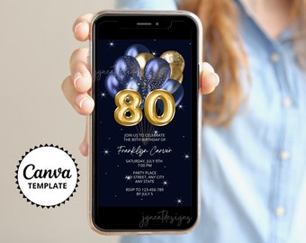 80th Birthday Digital Invitation, Phone Invitation, Eightieth Birthday Evite, Canva Editable Template, Adult Birthday Invitation