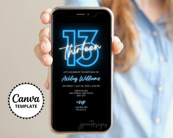 13th Birthday Invitation, Blue Neon Digital Invitation, Text Party Invite,  Editable Canva Template